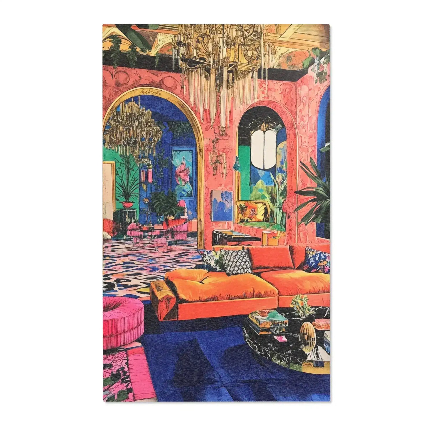 Bold Blue Elegance Luxe Maximalist Rug in a coral pink maximalist salon with orange velvet sectional blue navy floor and arched doorways