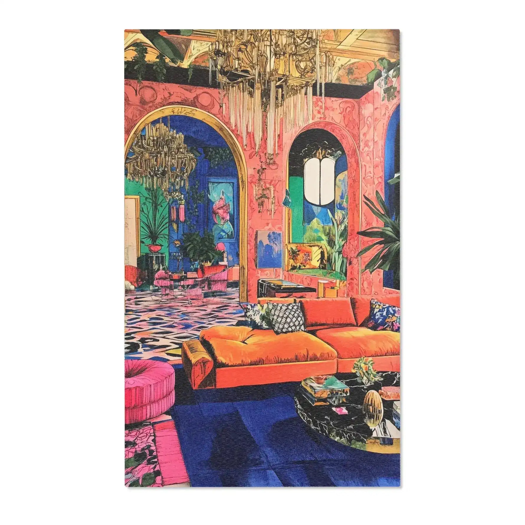 Bold Blue Elegance Luxe Maximalist Rug in a coral pink maximalist salon with orange velvet sectional blue navy floor and arched doorways