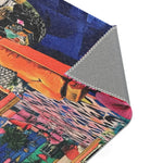 Corner fold of Bold Blue Elegance Luxe Maximalist Rug showing printed face with cobalt blue and grey non-slip stitched backing