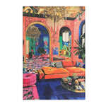 Bold Blue Elegance Luxe Maximalist Rug in an opulent pink room with gold arch draping crystal chandelier orange sectional and blue floor