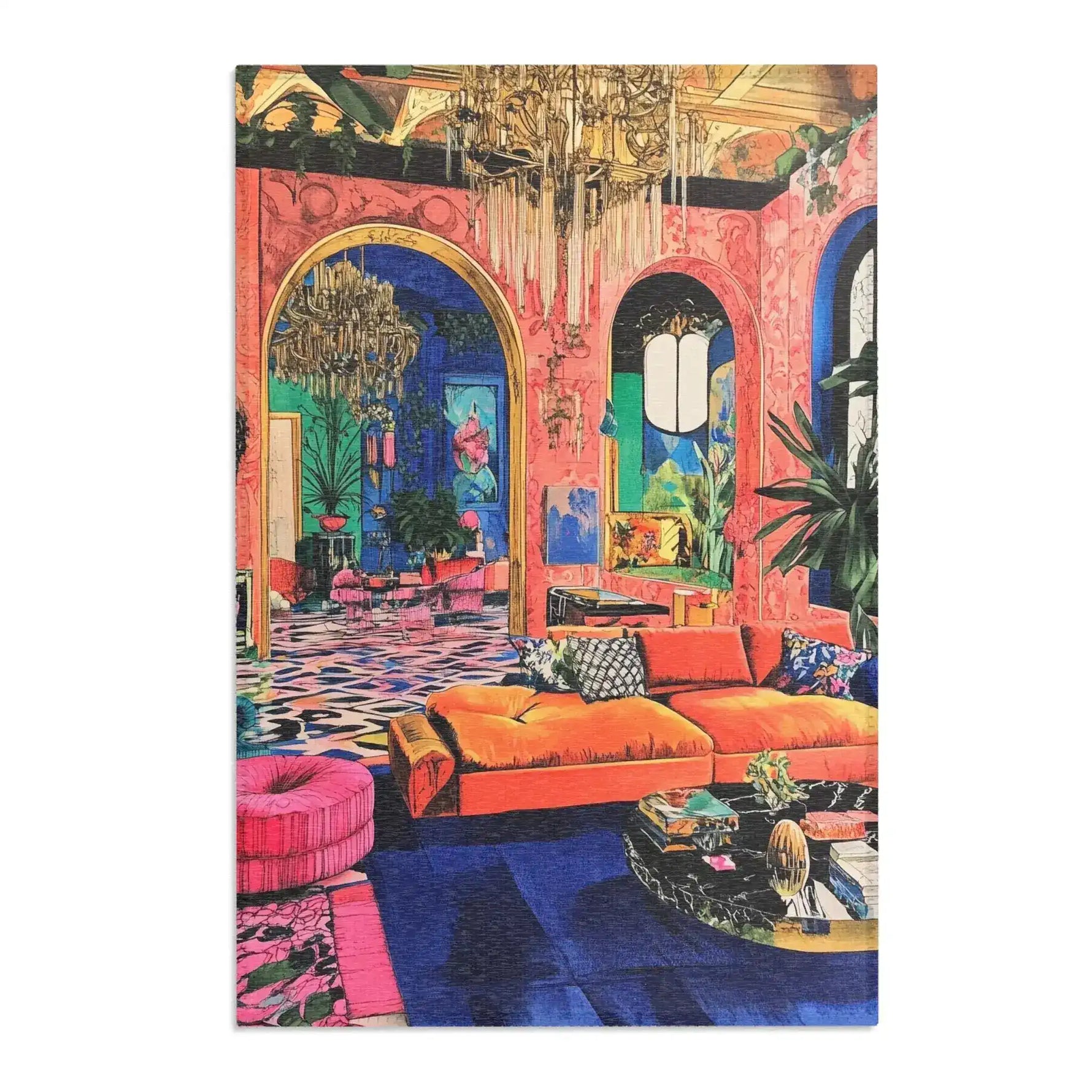 Bold Blue Elegance Luxe Maximalist Rug in an opulent pink room with gold arch draping crystal chandelier orange sectional and blue floor