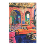 Bold Blue Elegance Luxe Maximalist Rug flat lay in a maximalist pink salon with orange velvet sofa blue rug and crystal chandelier