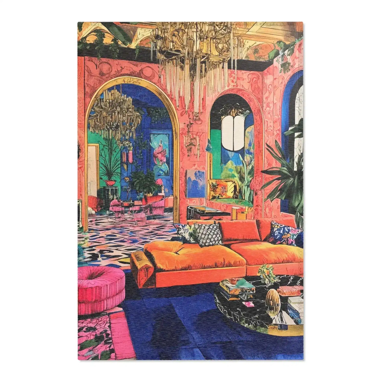 Bold Blue Elegance Luxe Maximalist Rug flat lay in a maximalist pink salon with orange velvet sofa blue rug and crystal chandelier