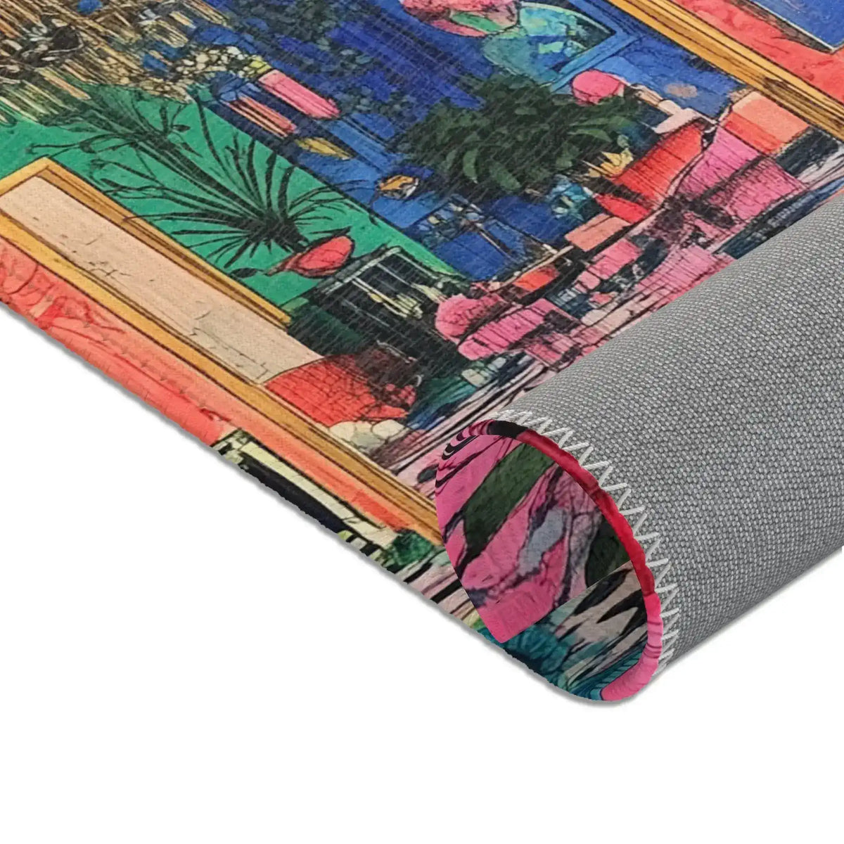 Rolled corner of Bold Blue Elegance Luxe Maximalist Rug revealing grey grid backing with zigzag stitching and vibrant printed face