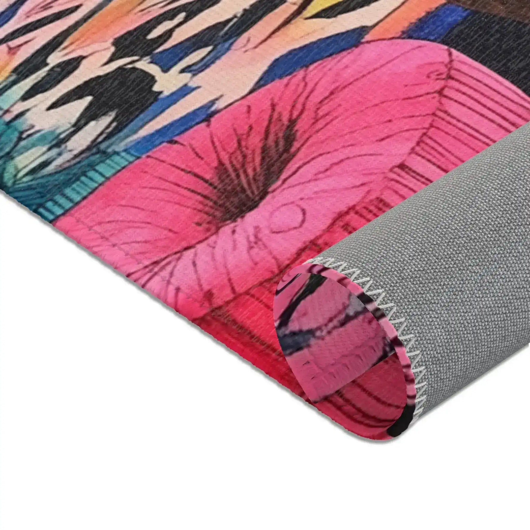 Close macro of Bold Blue Elegance Luxe Maximalist Rug rolled bottom edge showing hot pink print woven surface and grey zigzag-stitched backing