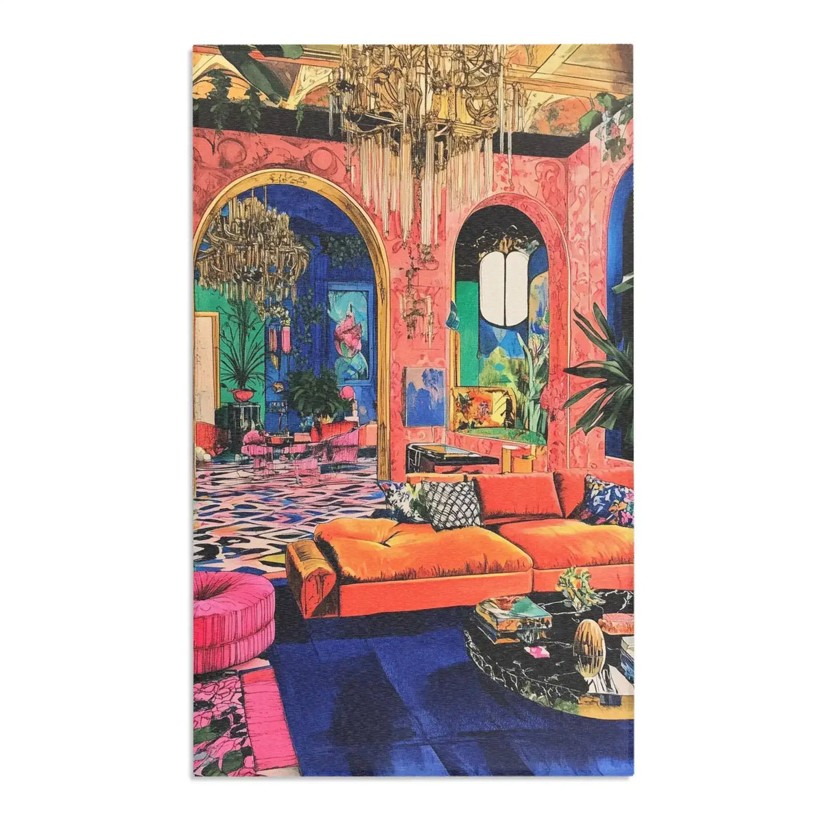 Tall portrait view of Bold Blue Elegance Luxe Maximalist Rug in vibrant pink room with draping chandelier orange sofa and blue floor area