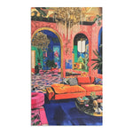 Tall portrait view of Bold Blue Elegance Luxe Maximalist Rug in vibrant pink room with draping chandelier orange sofa and blue floor area