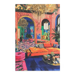 Bold Blue Elegance Luxe Maximalist Rug under orange sectional in coral pink ballroom with arched entryways and blue room beyond
