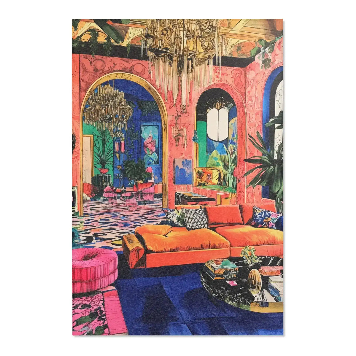 Wide view of Bold Blue Elegance Luxe Maximalist Rug in opulent salmon pink room with crystal chandelier tropical plants and arched doorway