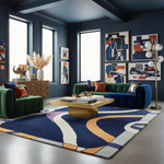 Modern living room with a contemporary blue rug, colorful furniture and abstract art on the walls.