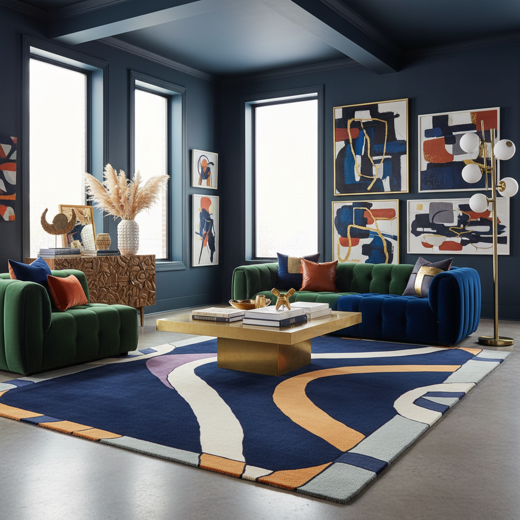 Modern living room with a contemporary blue rug, colorful furniture and abstract art on the walls.