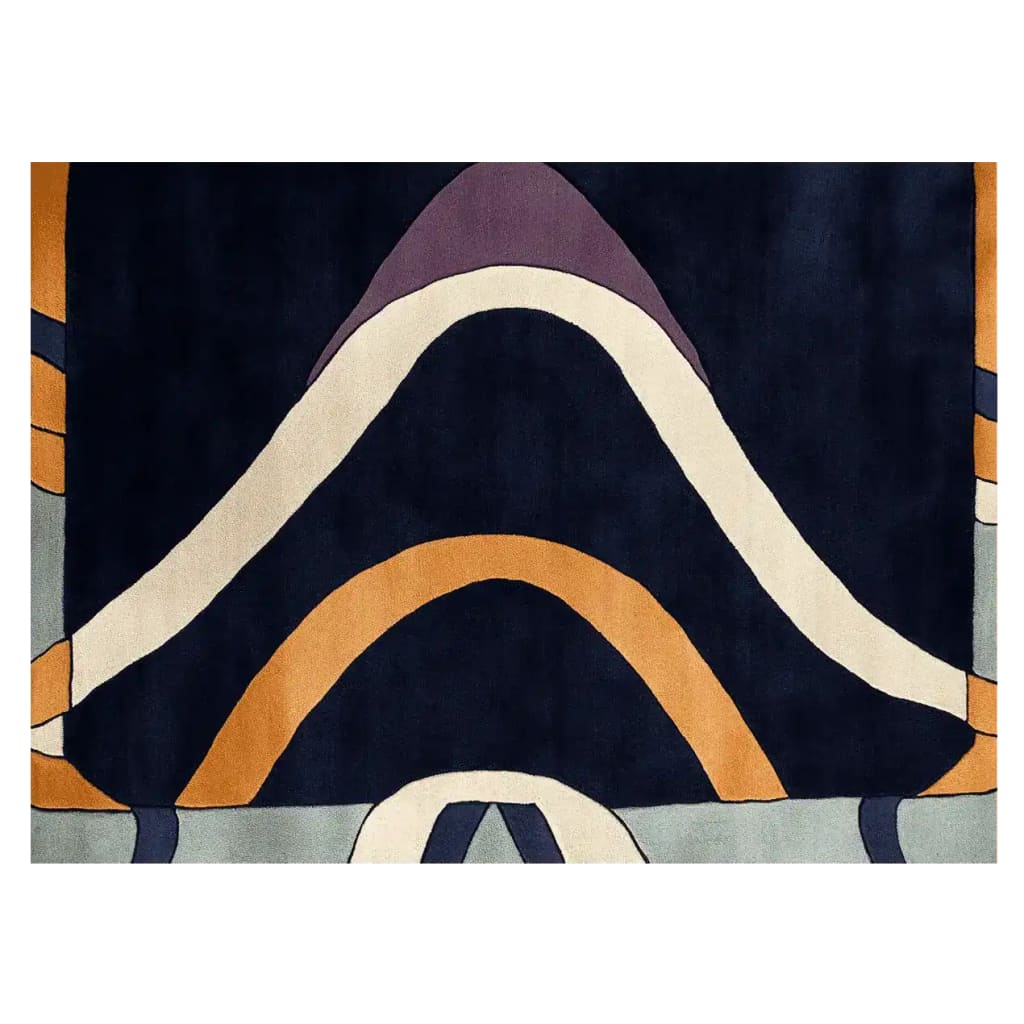 A stylish area rug featuring a bold abstract design with sweeping curves and contrasting colors. Perfect for adding a contemporary touch to your living room, this hand-tufted wool rug combines elegance and modernity.