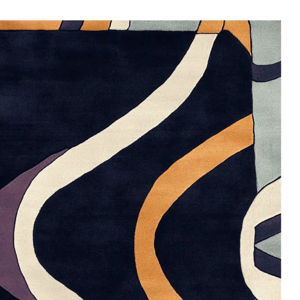 Close-up view of the Bold Collapse Curve Hand Tufted Rug, a contemporary area rug perfect for living rooms. Made from high-quality wool, it features a striking abstract design with flowing curves in shades of orange, cream, and dark blue.