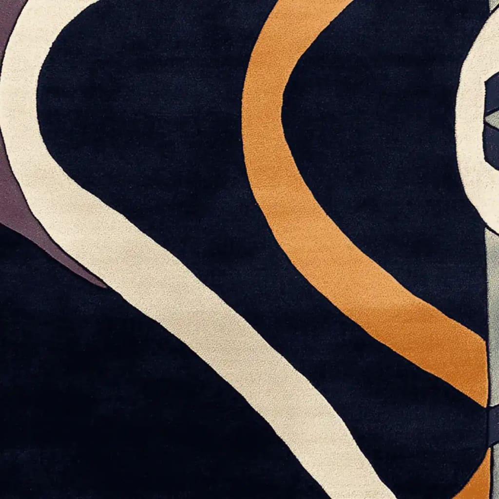 Close-up view of the Bold Collapse Curve Hand Tufted Area Rug, showcasing its contemporary design with swirling abstract patterns in earthy tones. Perfect for adding a modern touch to living room area rugs, this wool rug combines style and comfort.