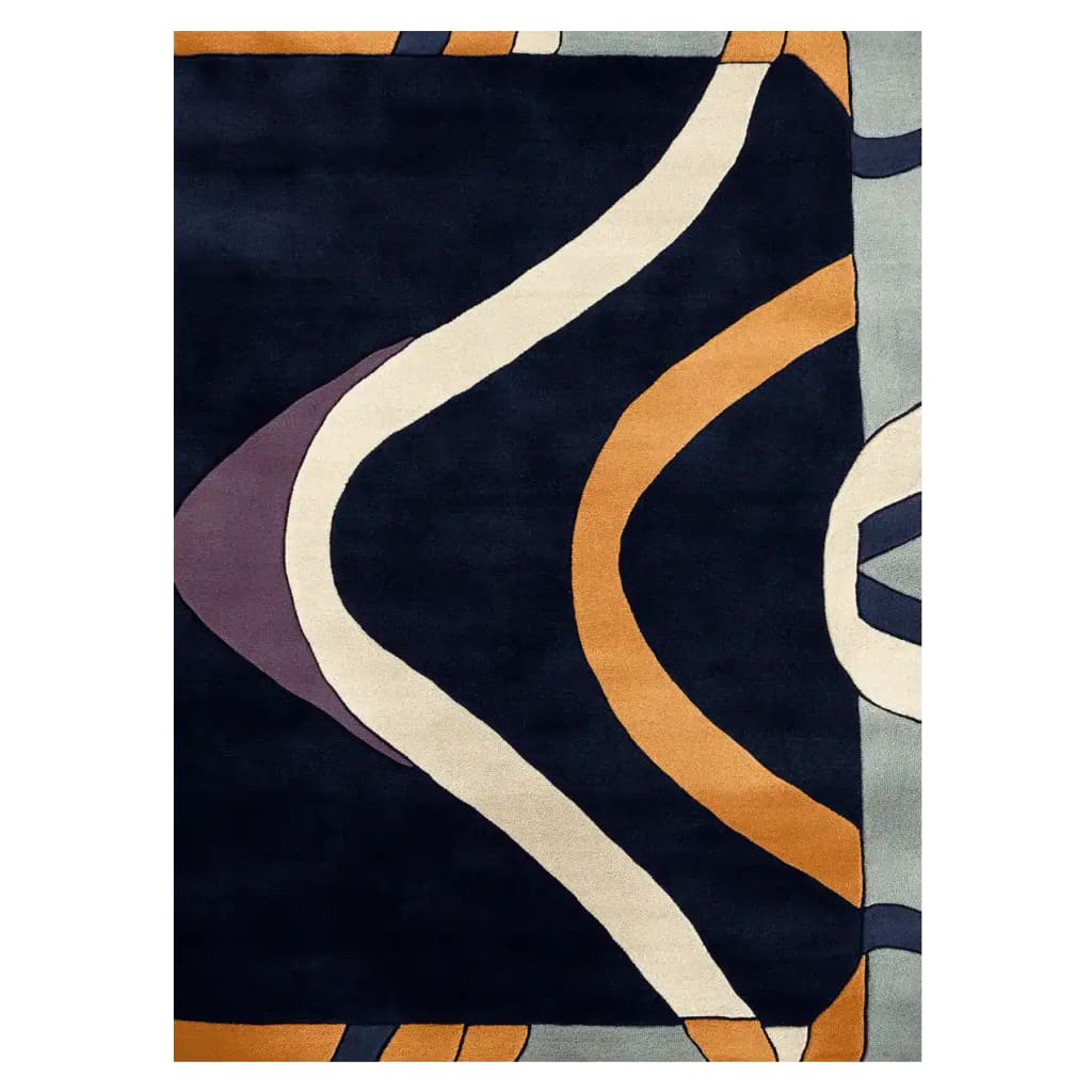 Bold Collapse Curve Hand Tufted Rug showcasing an abstract design with flowing lines in navy, cream, orange, and purple. Perfect as a contemporary wool rug to enhance living room area rugs collection.