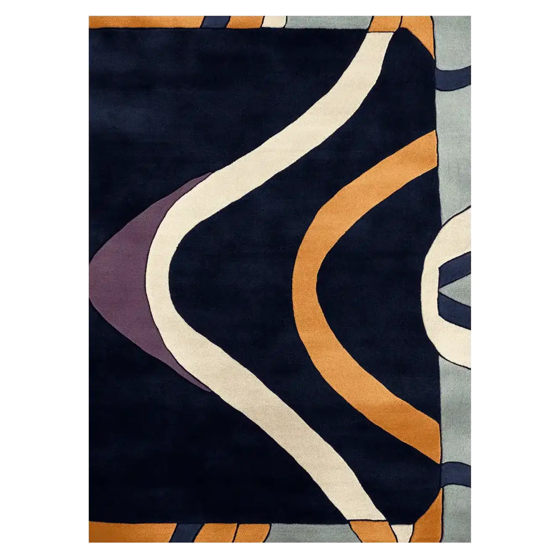 Bold Collapse Curve Hand Tufted Rug showcasing an abstract design with flowing lines in navy, cream, orange, and purple. Perfect as a contemporary wool rug to enhance living room area rugs collection.