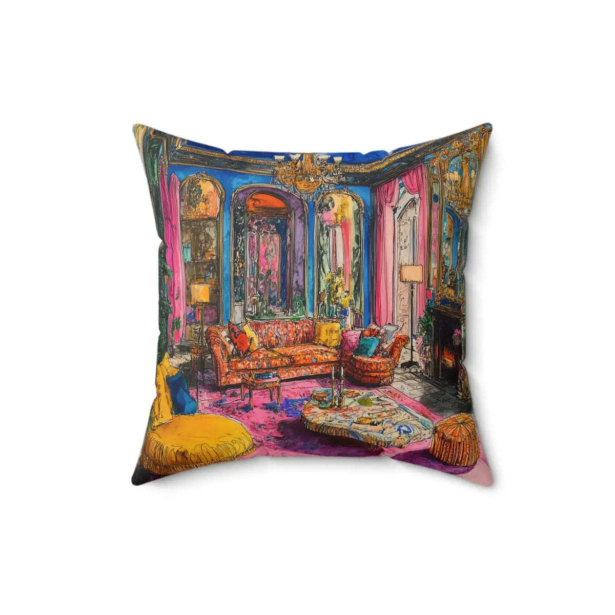 Bold Colorful Luxury Throw Pillow showing baroque illustrated room scene slightly angled on white background