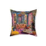 Bold Colorful Luxury Throw Pillow showing baroque illustrated room scene slightly angled on white background