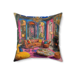 Bold Colorful Luxury Throw Pillow wider view of baroque room illustration including full chandelier on white background