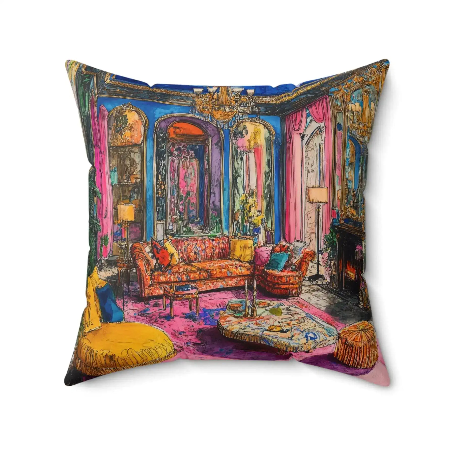 Bold Colorful Luxury Throw Pillow full baroque interior with complete chandelier at top on white background