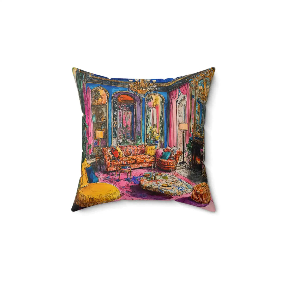 Bold Colorful Luxury Throw Pillow baroque room scene with right-side fireplace and yellow floor cushion emphasized