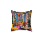 Bold Colorful Luxury Throw Pillow baroque room scene with right-side fireplace and yellow floor cushion emphasized