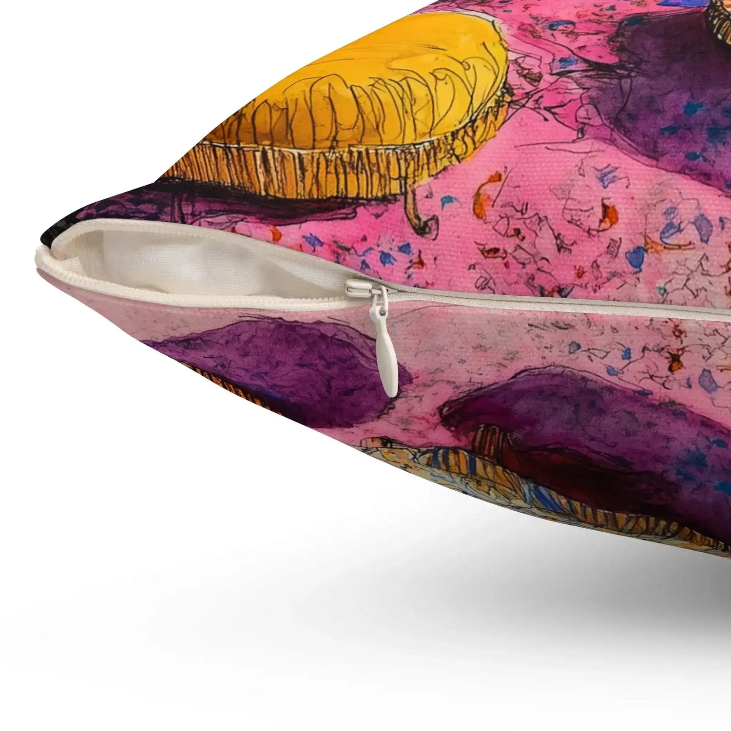 Close-up detail of Bold Colorful Luxury Throw Pillow showing white zipper closure with pink and purple floor pattern behind