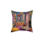 Square throw pillow featuring a baroque illustrated interior with chandelier fireplace and yellow cushioned furniture on white background