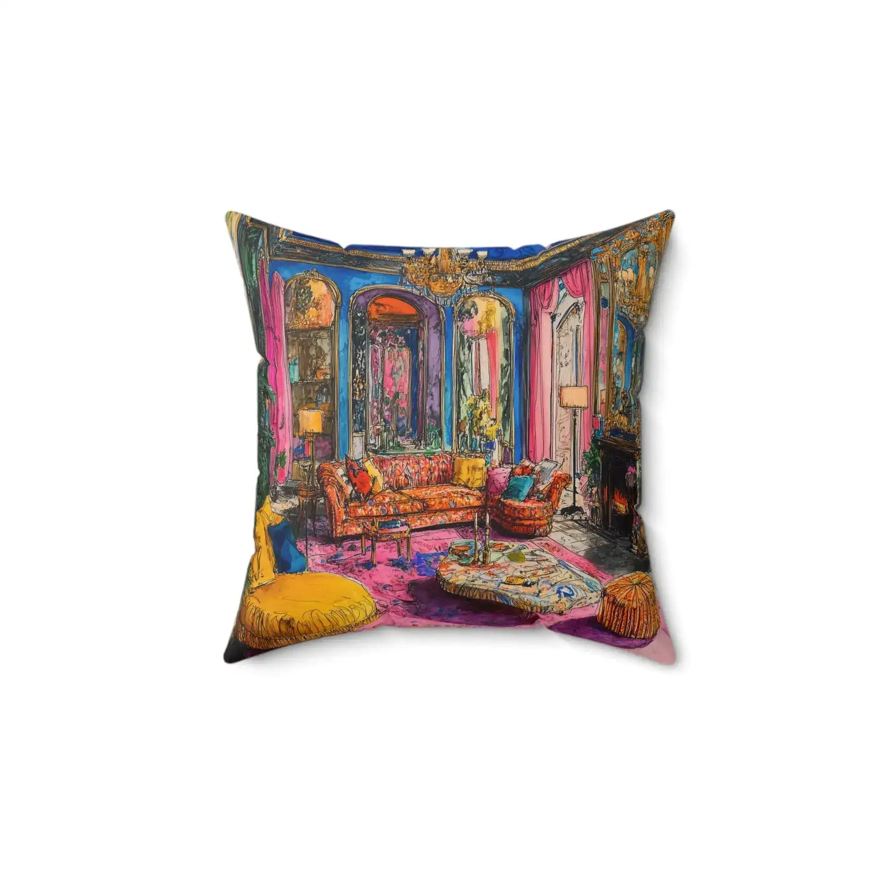 Square throw pillow featuring a baroque illustrated interior with chandelier fireplace and yellow cushioned furniture on white background