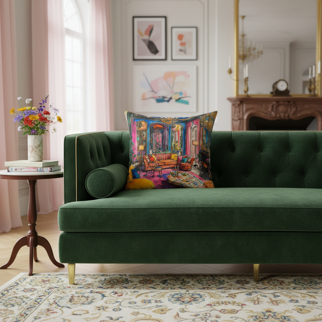 A green velvet chaise lounge in a beautifully decorated living room, styled with a colorful, ornate patterned throw pillow.