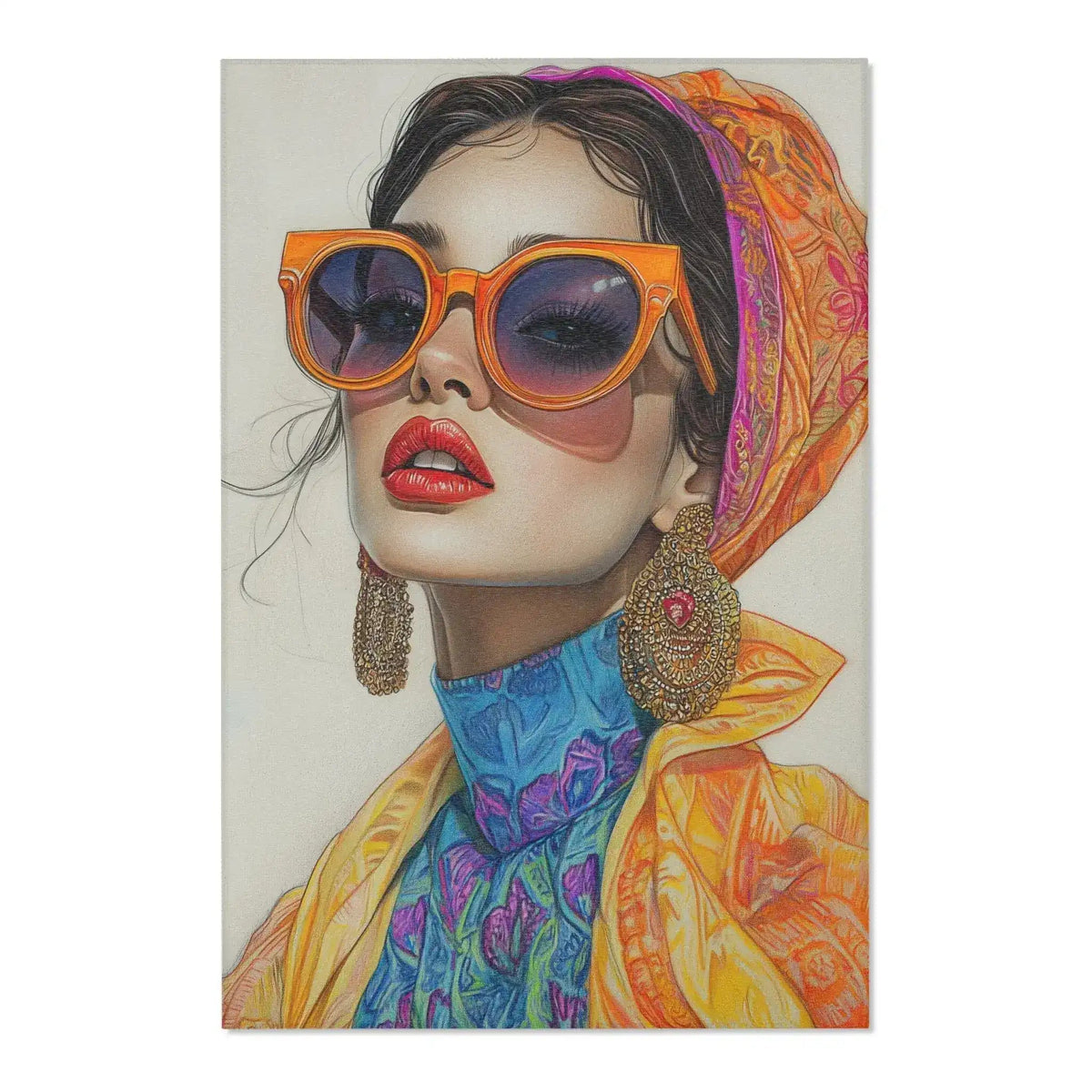 Bold Elegance Fashionista Art Accent Rug art print fashion woman orange sunglasses colorful patterned top flat lay