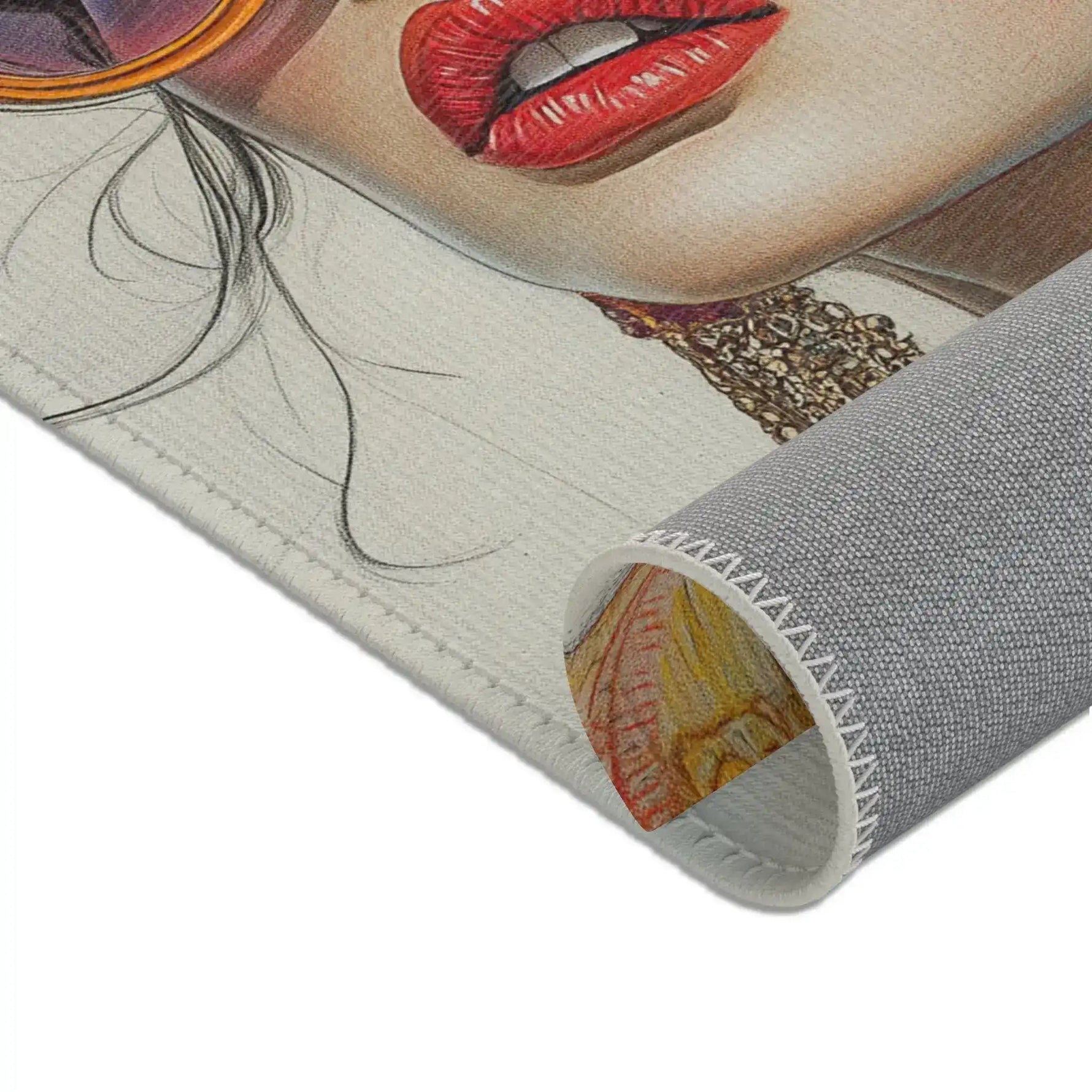 Bold Elegance Fashionista Art Accent Rug corner curl showing fashion portrait print and gray non-slip backing