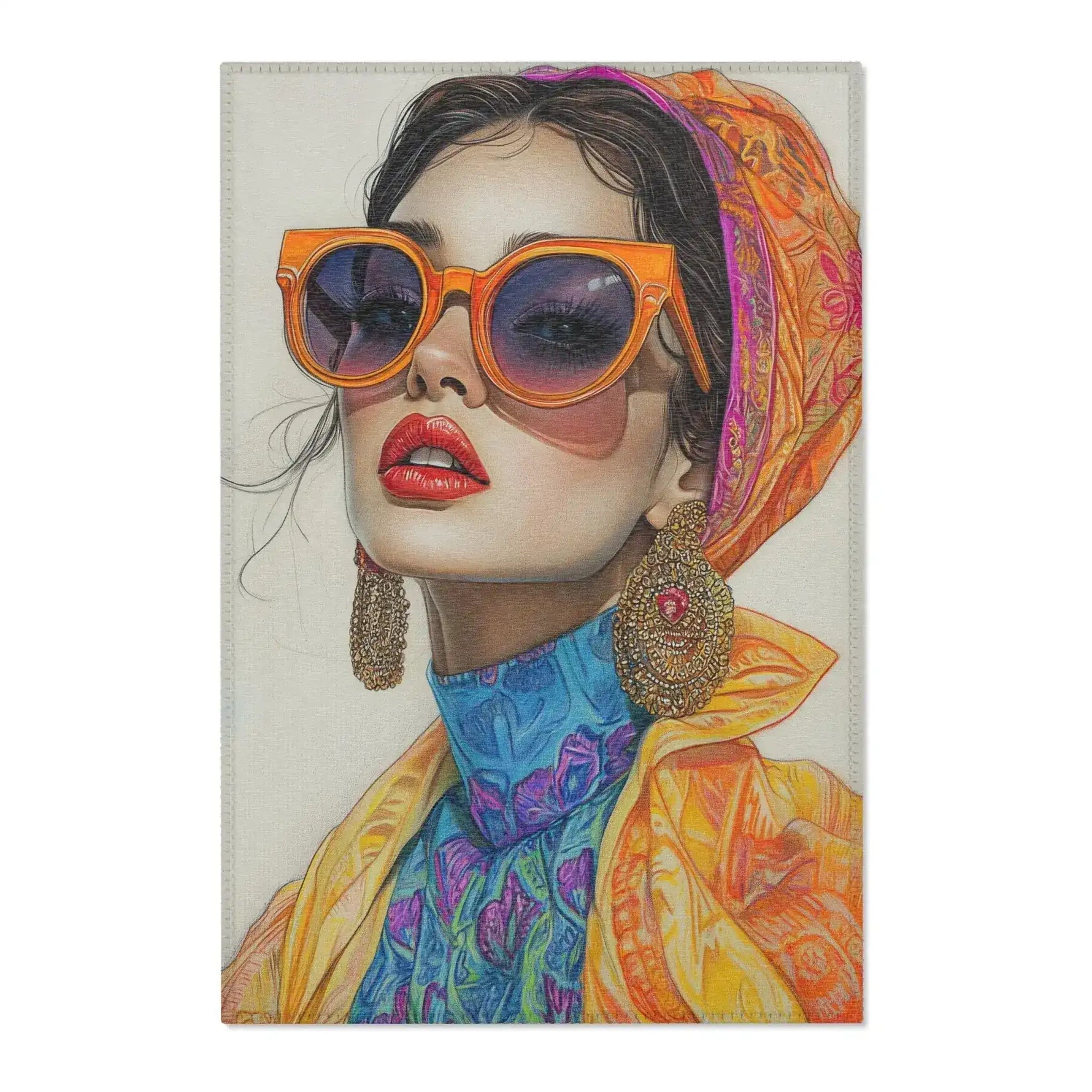 Bold Elegance Fashionista Art Accent Rug fashion portrait orange sunglasses printed on rug fabric stitched edge