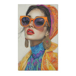 Bold Elegance Fashionista Art Accent Rug colorful fashion portrait orange sunglasses gold earrings vibrant art print