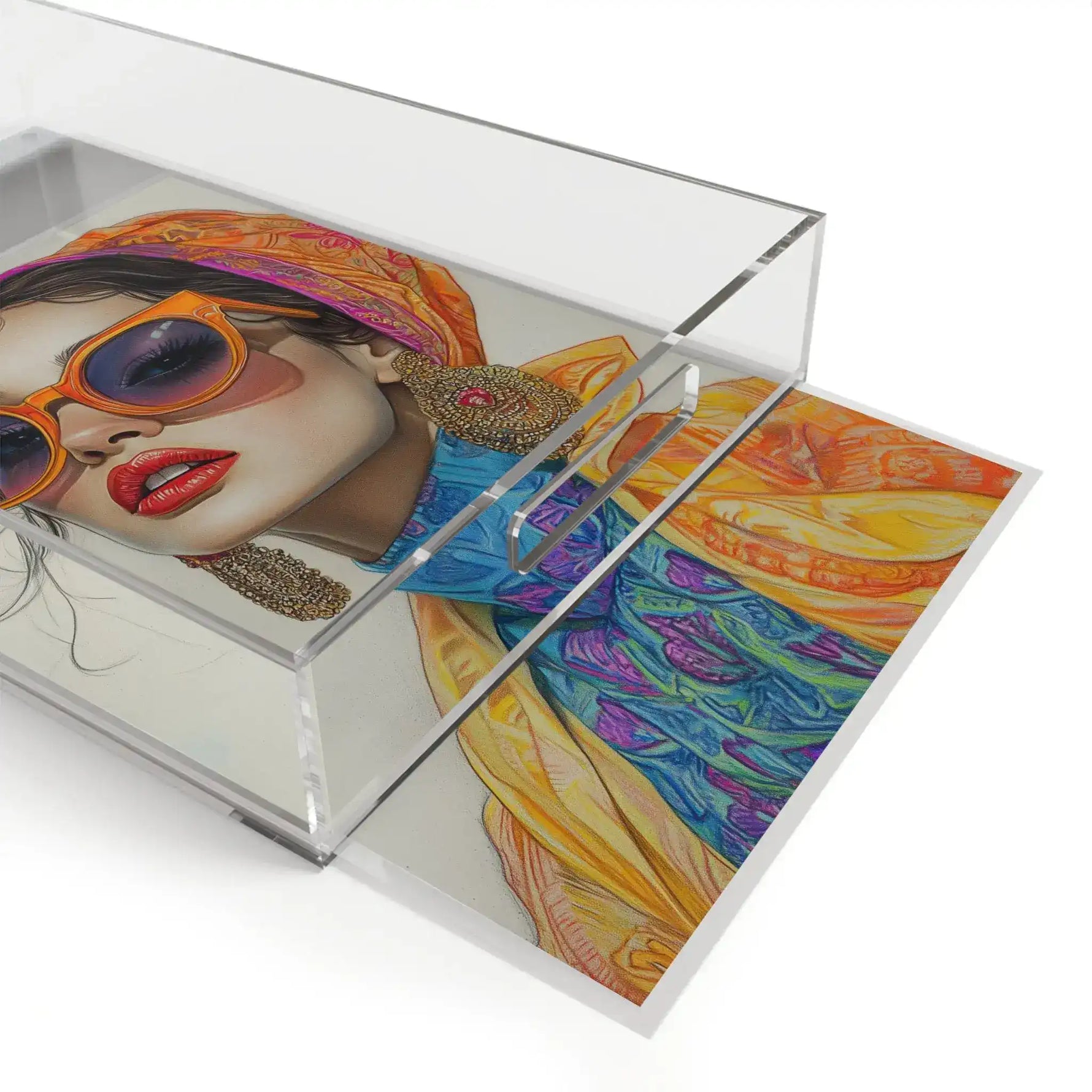 Angled Bold Elegance Fashionista Art Serving Tray with curated items inside, fashion illustration of sunglasses-woman visible