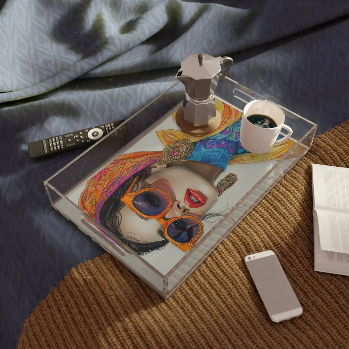 Bold Elegance Fashionista Art Serving Tray on a dark surface with candle and accessories, stylish sunglasses-woman art