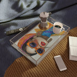 Bold Elegance Fashionista Art Serving Tray on a dark surface with candle and accessories, stylish sunglasses-woman art
