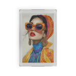 Clear acrylic Bold Elegance Fashionista Art Serving Tray, woman in orange cat-eye sunglasses and yellow headscarf