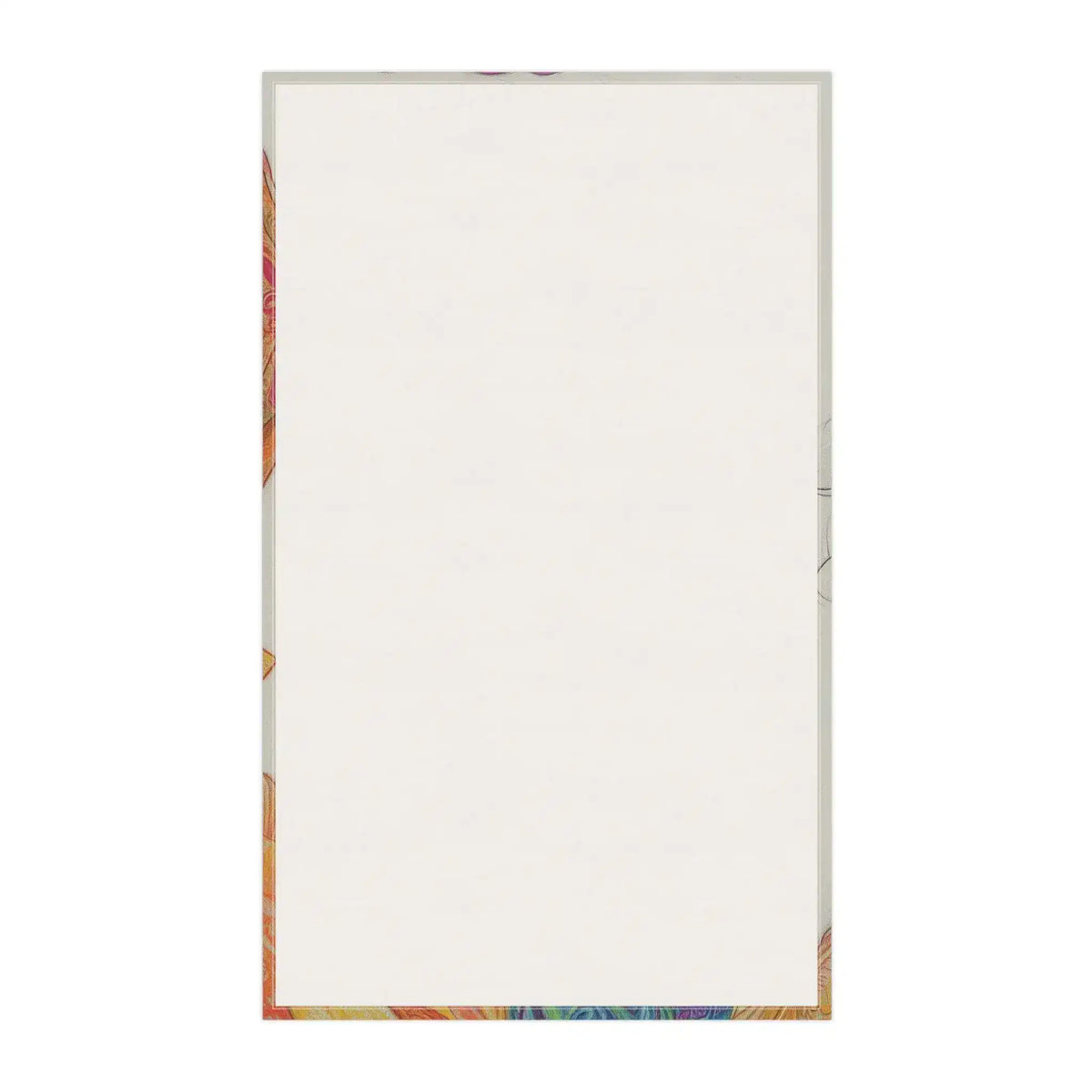 Bold Elegance Fashionista cotton kitchen towel reverse side — plain off-white cotton surface with colorful printed art border edging