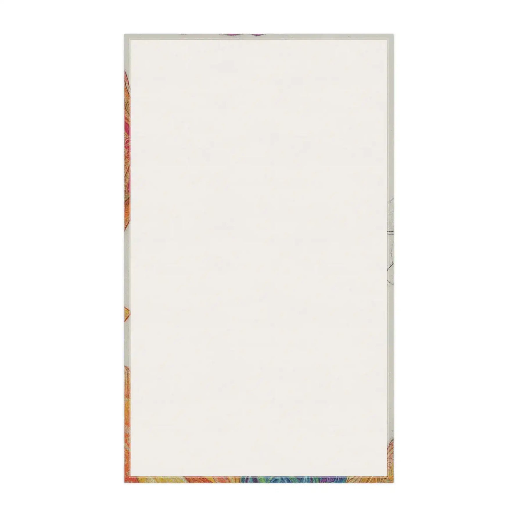 Bold Elegance Fashionista cotton kitchen towel reverse side — plain off-white cotton surface with colorful printed art border edging