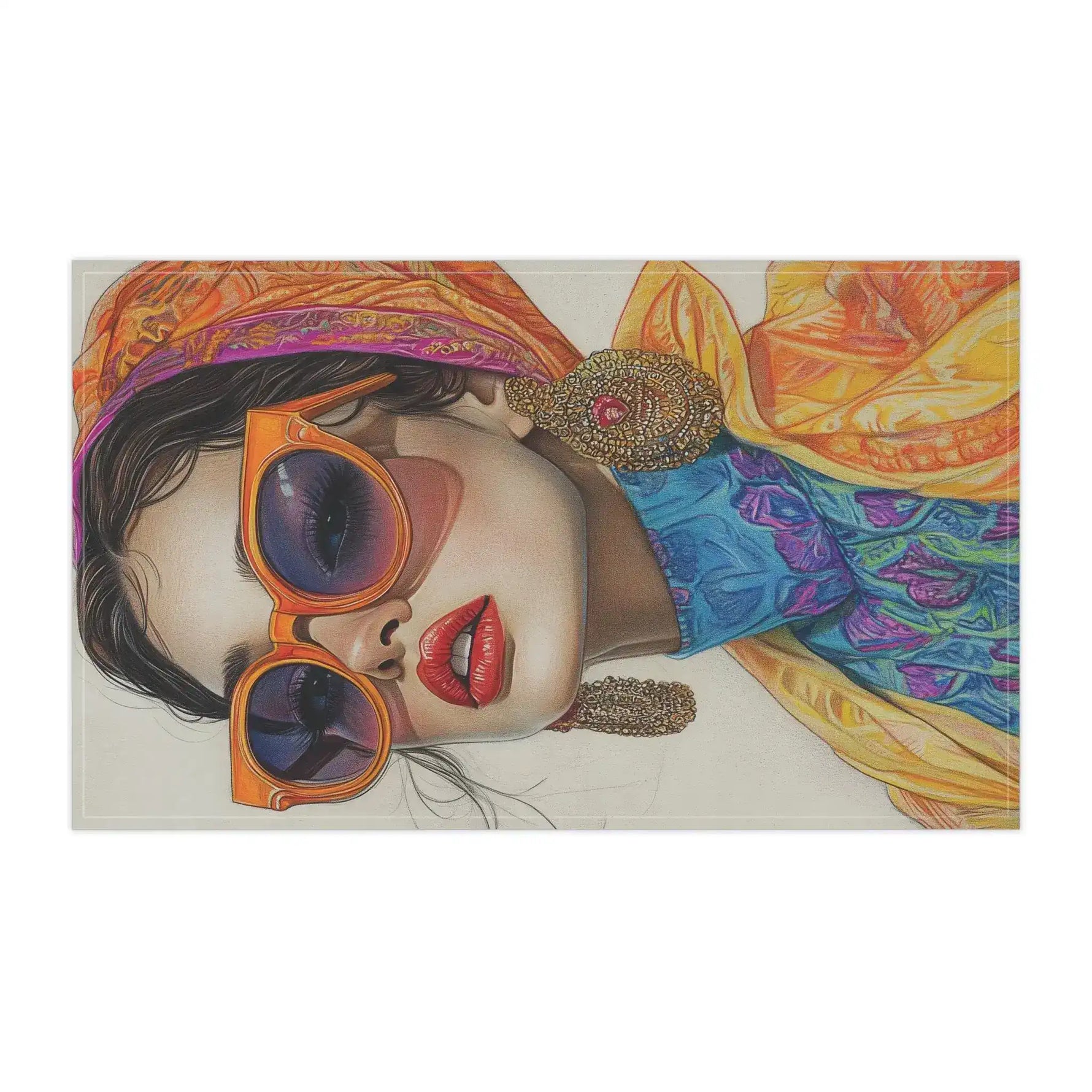 Horizontal detail of Bold Elegance Fashionista kitchen towel — close-up face with orange sunglasses, colorful layered silk scarf and dangling gold earring