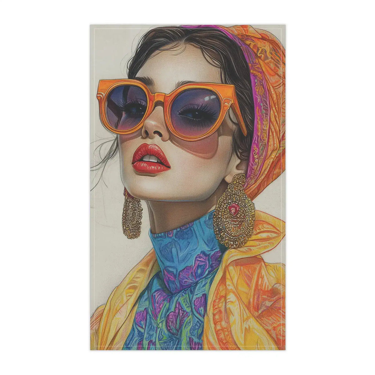 Bold Elegance Fashionista Art cotton kitchen towel front — fashion illustration of woman with oversized orange sunglasses, silk headscarf, yellow coat and blue floral turtleneck