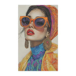 Bold Elegance Fashionista Art cotton kitchen towel front — fashion illustration of woman with oversized orange sunglasses, silk headscarf, yellow coat and blue floral turtleneck