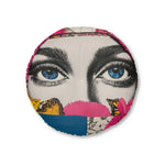 Bold Floral Portrait Floor Pillow front view showing round pillow with pop-art blue eyes collage, pink floral butterfly border