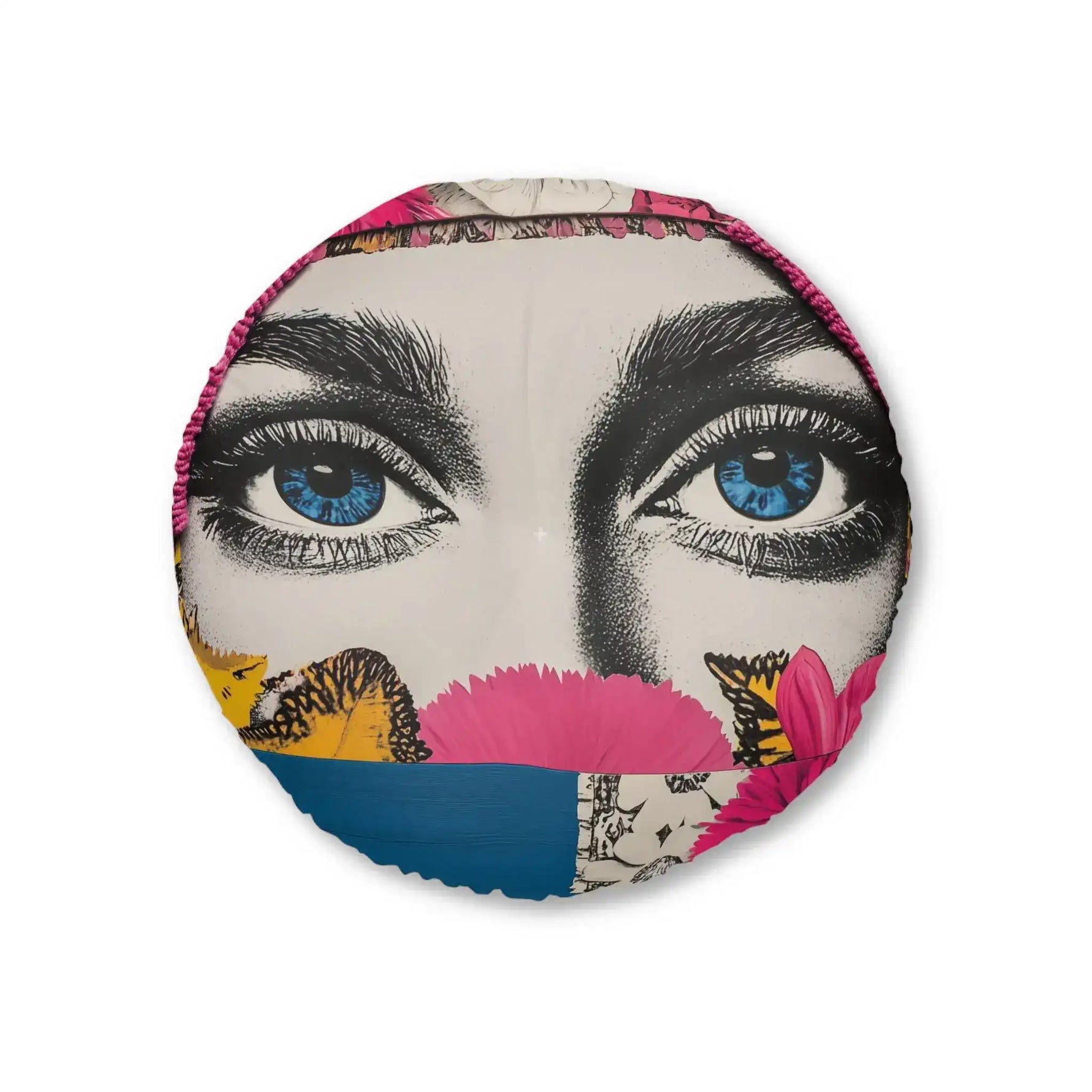 Bold Floral Portrait Floor Pillow front view showing round pillow with pop-art blue eyes collage, pink floral butterfly border