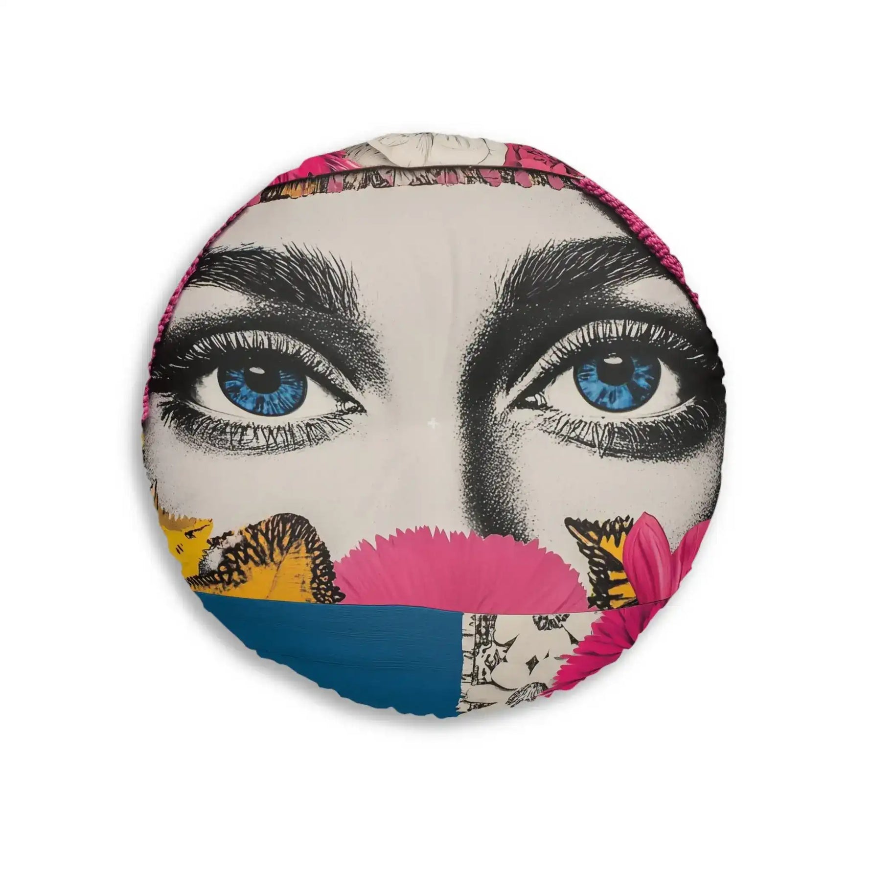 Bold Floral Portrait Floor Pillow viewed slightly from above showing round shape with blue eyes pink floral collage design