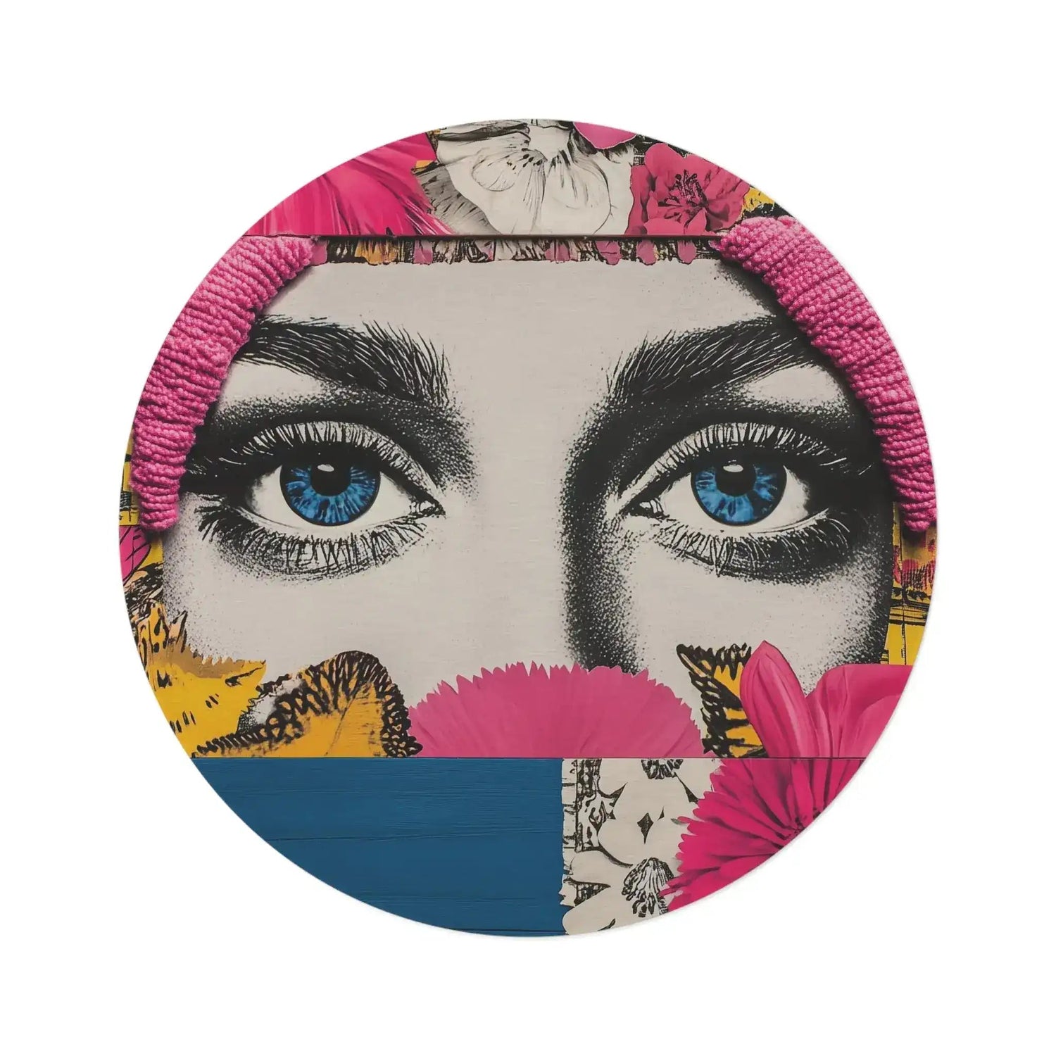 Bold Floral Portrait Round Rug with pop-art close-up of blue eyes framed by pink floral collage border on white background