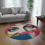 Bold Floral Portrait Round Rug styled in a living room on wood floor with gray sofa, pop-art blue eyes collage design