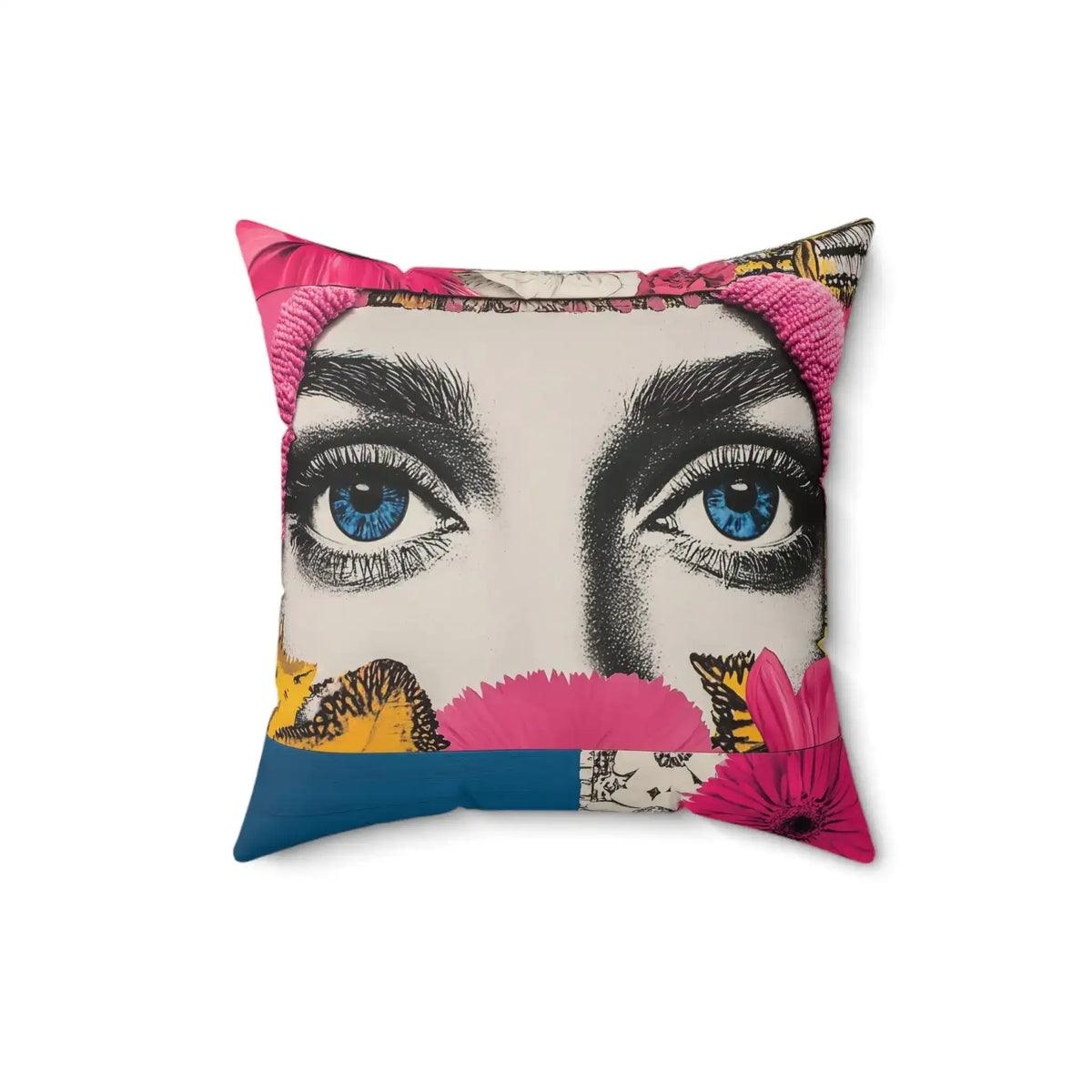 Bold Floral Portrait Throw Pillow angled view showing blue-eyed portrait with pink peonies and yellow butterflies