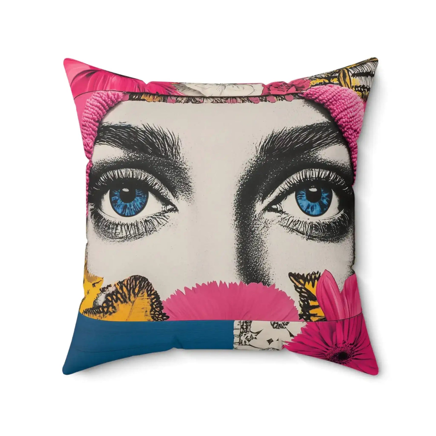 Bold Floral Portrait Throw Pillow zoomed front view showing blue irises, strong brows, pink cap and flower collage